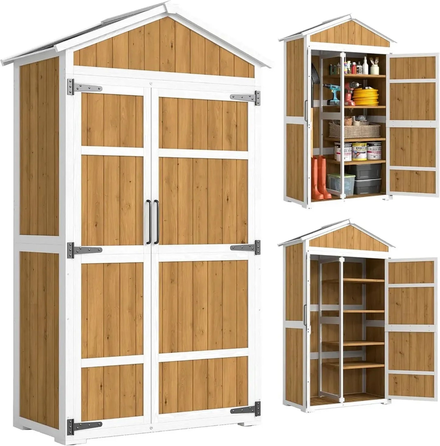 Outsunny Abri de Jardin Étanche en Bois avec Toit Métallique - Rangement Extérieur Double Porte 105x55x179 cm, Blanc et Naturel