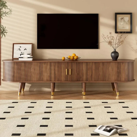 Meuble TV Merax 175 cm, style champêtre, portes rotin coulissantes, finition noyer, grand rangement