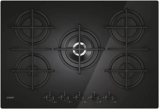 Plaque de Cuisson à Gaz 5 Feux Noir avec Verre Trempé & Brûleur Double Couronne