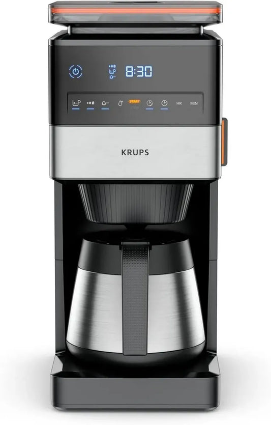 Machine à café filtre Krups Grind Aroma XL avec broyeur amovible, panneau numérique, capacité 1,25L, carafe thermos inox, noir