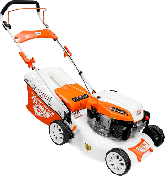 Tondeuse à Gazon Thermique RURIS RX221S, 3,5 CV, Largeur 42 cm, Sac 45L, 3 Fonctions: Collecte, Éjection Arrière, Mulching, Acier Robuste, Hauteur Réglable 25-75 mm, Couleur Orange