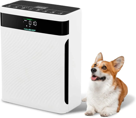 Purificateur d'Air HAUSHOF HEPA H13 CADR 250 m³/h, Filtration 4-en-1, Affichage en Temps Réel PM2,5, Mode Animaux, Aromathérapie