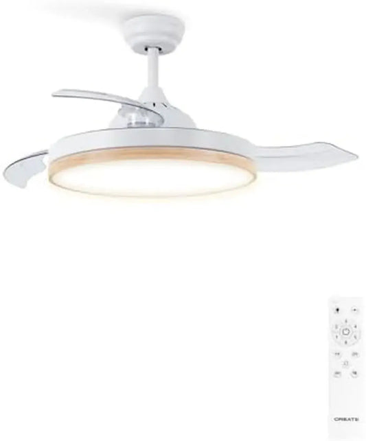 Ventilateur de Plafond avec Lumière et Télécommande - Bois Clair, 40W, Ø108 cm, Pales Rétractables, Mode Été-Hiver, 3 Températures de Lumière, Minuterie