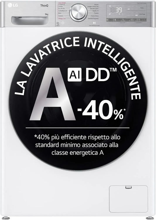 LG Lave-linge 9 kg AI DD, Classe A, 1400 tr/min, TurboWash 360, Anti-Froissage, Wi-Fi, Blanc