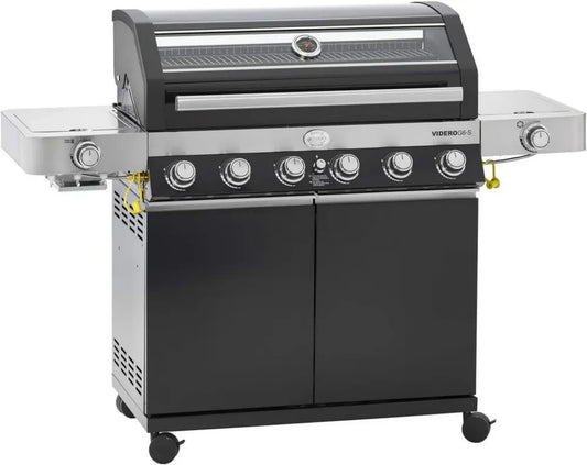 RÖSLE Barbecue à Gaz VIDERO G6-S, 6 Brûleurs Acier Inoxydable, Prime Zone, Brûleur Latéral, Tablettes Rabattables, VARIO+, Noir, 30 mbar