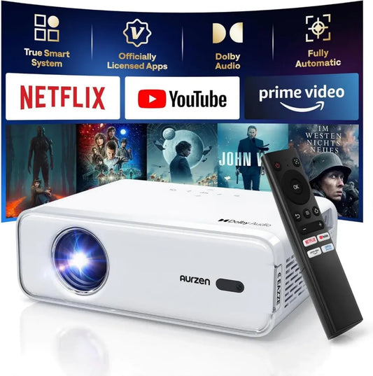AURZEN Vidéoprojecteur 4K UHD avec Netflix et Dolby, Mise au Point Automatique, HDR10, WiFi Bluetooth Portable, Full HD 1080P, Blanc