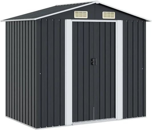 Cabane de jardin en métal anthracite 204x132x186 cm avec portes coulissantes et ventilation, structure en acier galvanisé